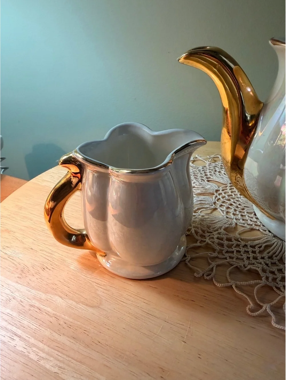Vintage Ceramic Tea Set with Gold Accents - Teapot and Creamer Pitchers